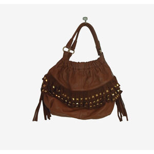 Bobby Schandra Dallas Genuine Leather Medium Size Brown Satchell Studded Purse‎